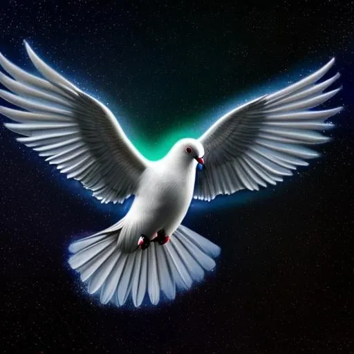 Prompt: hyperdetailed photoreal image of real white glowing peace dove, with spread out wings rising into the deep mysterious night sky, universe expansive hologram intricate details, HDR, beautifully shot, hyperrealistic, sharp focus, 64 megapixels, perfect composition, high contrast, cinematic, atmospheric, moody abstract art complementary colors fine details