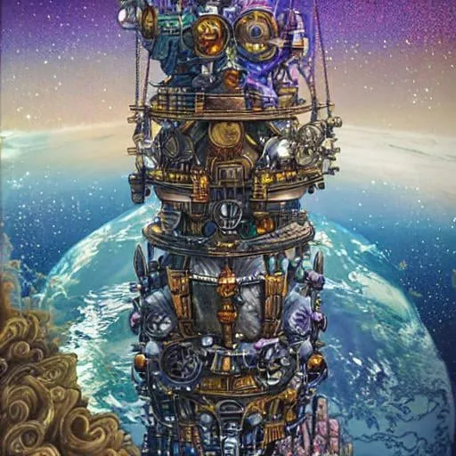 Prompt: view from orbit science fiction space elevator magical arcane magic breathtaking steampunk tower reaching into sky stratosphere glitter ✨ hand drawn, warcraft 40k, maximalist, on an emerald seascape, detailed digital painting by Dusan Djukaric, Linda Wilder, Zhaoming Wu, Olha Darchuk, Erin Hanson, Helmut Ditsch, Alfonz Mucha, Alan Lee