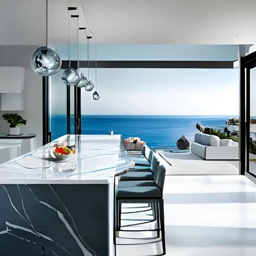 Prompt: a modern kitchen marble table with view to the ocean interior design magazine cover image, masterpiece photography, living colors, intense composition 