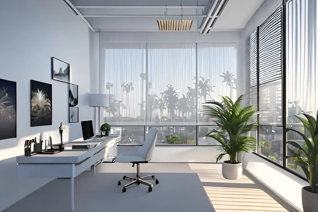 Prompt: lofi golden hour moody foggy evening in a modern luxury loft home office desktop with clean Interior | 80s | Postmodern | Blinds | White On White, home office, ceiling panorama, hanging garden, palm trees, interior design magazine cover image, masterpiece in 4k, highly detailed, lofi aesthetic art , award winning photography, living colors, intense composition 