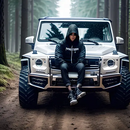 Prompt: influencer man in center wearing hoodie and samurai mask sitting in front of off road G class monster truck, detailed and cool shiny chrome paint, inside an snowy forest, gloomy, moody, Professional photography, bokeh, natural lighting, punk