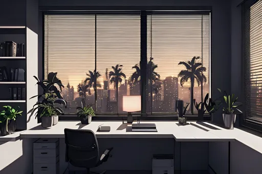 Prompt: lofi golden hour moody foggy evening in a modern luxury loft home office desktop with clean Interior | 80s | Postmodern | Blinds | goth black surfaces, home office, ceiling panorama, hanging garden, palm trees, interior design magazine cover image, masterpiece in 4k, highly detailed, lofi aesthetic art , award winning photography, living colors, intense composition 