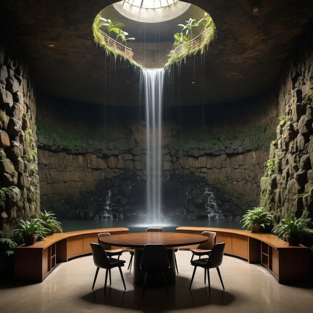 Prompt: far away photo of 350 meter tall indoor artificial waterfall rock wall round large ceiling, dark underground platform with table with chairs, book shelves, jungle, overgrown rock walls, sharp focus, dark, mysterious, professional photography, mysterious, deep shadows ; retro, vintage ; golden hour, centered, symmetrical, sharp focus, cinematic, Wide Angle-coded insane details"