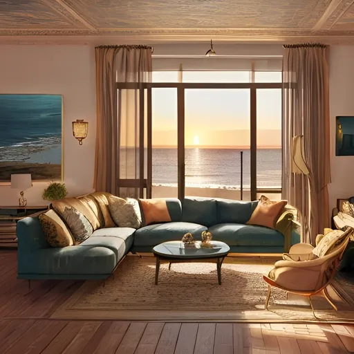 Prompt: golden hour moody evening in a living room with cozy long sofa, view to the Andalusian Mediterranean sea shore, interior design magazine cover image, masterpiece in 4k, highly detailed, lofi aesthetic, award winning photography, living colors, intense composition 