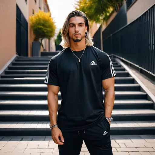 Prompt: portrait of a young huge large tall pretty eboy, fitness influencer with visible traps and round wide shoulders, man with long hair covering face,, middle parting of hair haircut, tiktok eboy, trendsetter,  Mister Universe, tanned,  handsome, dark features, shaved, head tattoo wearing oversize black  button up shirt, Adidas track pants, black boots, buff, strong neck, early morning light in street, art by Jos Coufreur, confident_standing infront of steps, retrofuturism, earrings, art_noir, dark_shadows, professional photography, sharp focus, splash art, hyper-real, photography