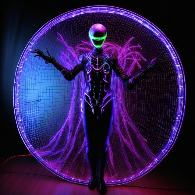 Prompt: Artful Neon glowing LED Net, Gynoid, armored, black light, glowing silicone, surface, designed by John Carpenter and by Michelangelo