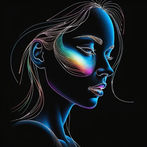 Prompt: One line art made out of iridescent color, frontal beautiful face, light paint on dark background, one line art, side view of face, on blank canvas, luxury glossy pencil line, 16k, One-line art is a special form of depicting various motifs that are painted in just one flowing line.