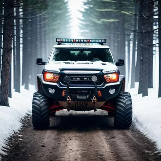 Prompt: influencer man in center wearing hoodie and samurai mask sitting in front of off road monster truck, detailed and cool shiny chrome paint, inside an snowy forest, gloomy, moody, Professional photography, bokeh, natural lighting, punk