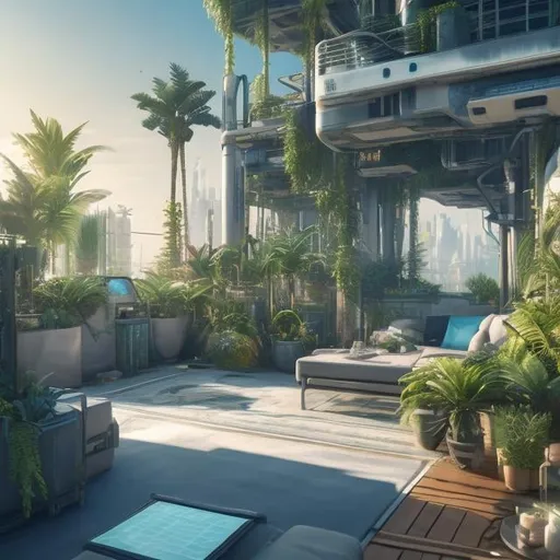 Prompt: futuristic, apartment rooftop terrace garden, chillwave, solarpunk, tropical island, ultra detailed, cinematic lighting, photorealistic, realistic details, wide view