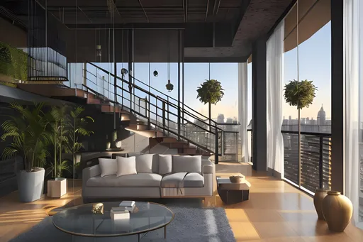 Prompt: lofi golden hour moody foggy evening in a modern luxury loft, clean living room with a stair case and balcony , a 3D render by Abraham Begeyn, cg society contest winner, modernism, vray, 3d, photorealistic | Blinds |, large ceiling panorama, hanging garden, Sumerian wall paintings,  palm trees, interior design magazine cover image, masterpiece in 4k, highly detailed, lofi aesthetic art , award winning photography, living colors, intense composition #