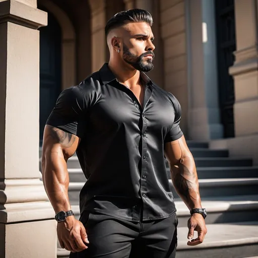 Prompt: portrait of a young huge large tall body building fitness influencer with visible traps and round wide shoulders like boulders, Mister Universe, tanned,  handsome, dark features, head tattoo wearing black oversized button up short sleeve shirt, white undershirt, black cargo pants, black boots buff, strong neck, early morning light in street, phonk cover art by Jos Coufreur, confident_standing infront of steps, retrofuturism, earrings, art_noir, dark_shadows, professional photography, sharp focus, splash art, hyper-real, photography