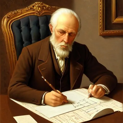 Prompt: a painting of a man writing on a piece of paper, a fine art painting by Johfra Bosschart, deviantart, analytical art, creative commons attribution, deviantart hd, masterpiece