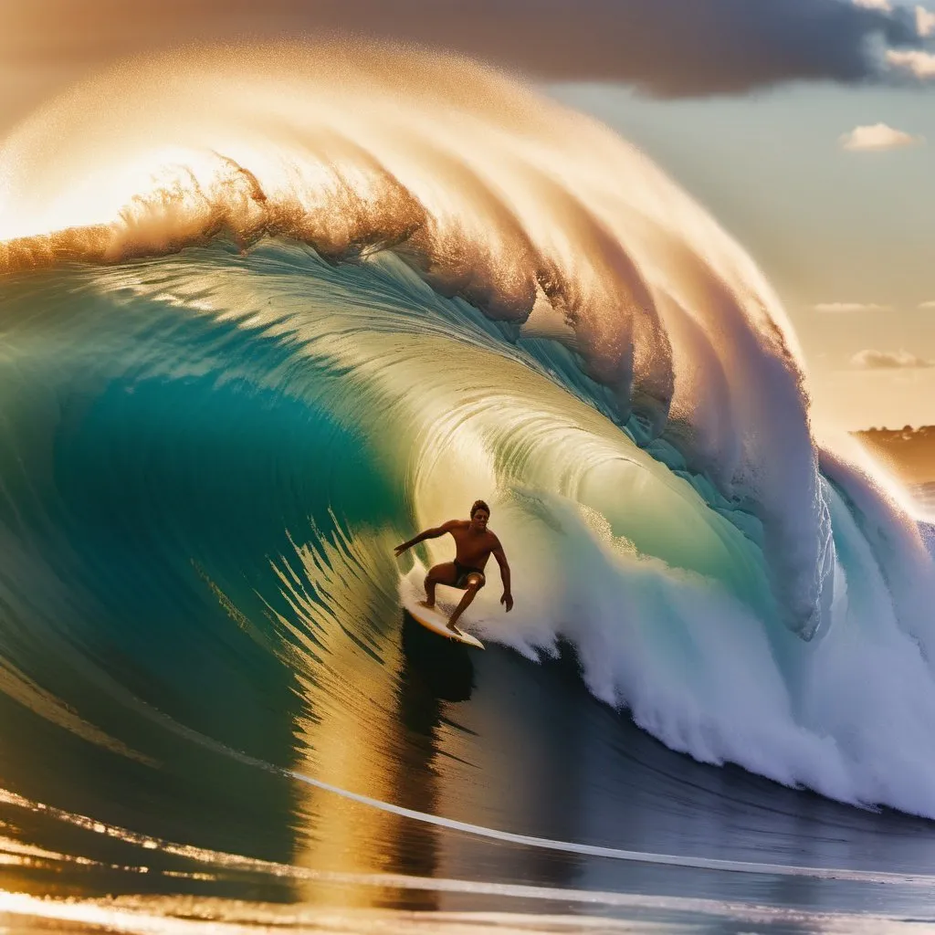 Prompt: 1985 old vintage impasto thick dripping color oil painting in the style of  professional photography Surfer inside wave tunnel, huge 20 meter high large wave break, surfing spot multiple waves break in orange color water, summer 1985 Piha beach, New Zealand, surfer paradise in golden hour panorama filmic soft focus hyperdetailed 8k resolution dynamic lighting hyperdetailed intricately detailed Splash art triadic colors Unreal Engine 5 volumetric lighting, photography by Tom Warren, Richard Corman