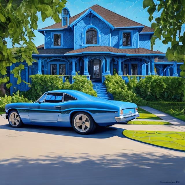 Prompt: a blue car is parked in a driveway, a photorealistic painting by Michael Flohr, featured on cg society, arts and crafts movement, made of vines, symmetrical, detailed