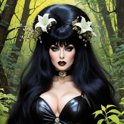 Prompt: Elvira Mistress of the Dark, magic_Spring_flowers_growing_changing_season_forest inside the head and hair of a witch_female, curvy, plus size, vintage make up vintage comic by Frank Frazetta, scary, soft lighting, sharp focus, James Gurney, Yoji Shinkawa WLOP,  paint splash drops, piercing edges, trending on pinterest, studio photography, intricate details, highly detailed 
