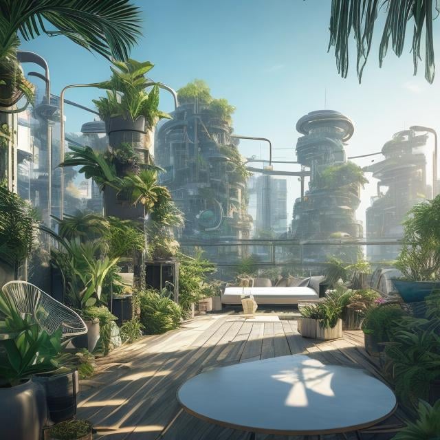 Prompt: futuristic, apartment rooftop terrace garden, chillwave, solarpunk, tropical island, ultra detailed, cinematic lighting, photorealistic, realistic details, wide view