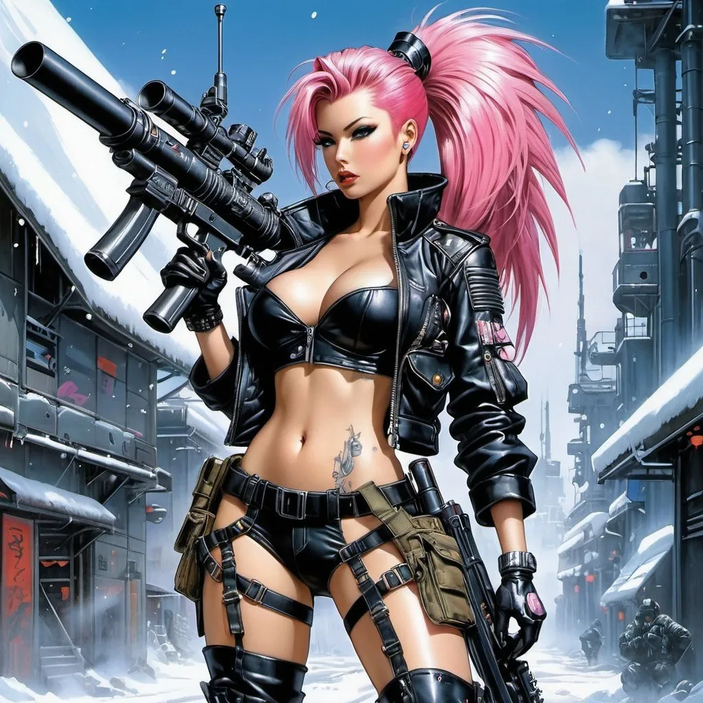 Prompt: scarred bionic tattoos, female Punker Soldier in Combat Kevlar Armor, holding rpg rocket launcher bazooka, riveted combat boots, large, big, tall, with long Pink Mohawk hair, warcore_cyberpunk winter jacket, oversized cargo pants, damaged, dark features, welded_enhanced eye visor, by Masamune Shirow, concept art by Hajime Sorayama retro futurism, album cover art, fantastical, epic, studio photography mixed with anime