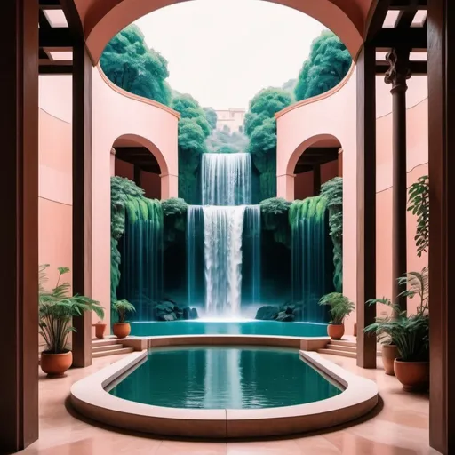 Prompt: a room with a waterfall in the background, a storybook illustration by Ricardo Bofill, trending on pexels, neo-romanticism, enchanting, sanctuary, I can't believe how beautiful this is