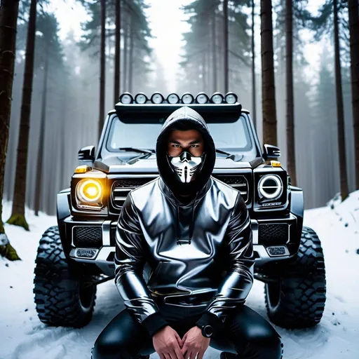 Prompt: misty, fog, steam in the air, freezing cold morning, influencer man wearing shiny puffer hoodie and samurai mask sitting in front of off road G class monster truck, detailed and cool shiny chrome paint, inside an snowy forest, gloomy, moody, Professional photography, bokeh, natural lighting, solar punk
