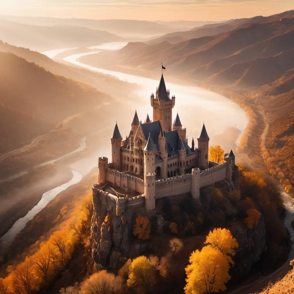 Prompt: Gothic castle in distant foggy valley, tall tower, fall vegetation, dry tones, dramatic lighting, sunshine, realistic, 4k, Utah, Nikon z 50mm ,drone view, detailed architecture, atmospheric fog, river winding through valley, gothic style, majestic view, epic landscape, breathtaking scenery, medieval vibes, golden-hour lighting