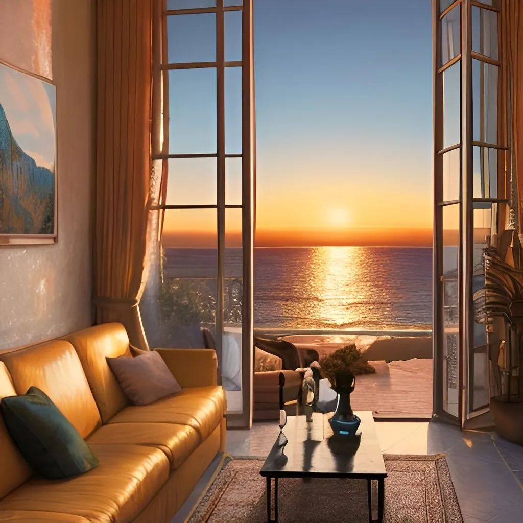 Prompt: golden hour moody evening in a living room with cozy long sofa, view to the Andalusian Mediterranean sea shore, interior design magazine cover image, masterpiece in 4k, highly detailed, lofi aesthetic, award winning photography, living colors, intense composition 