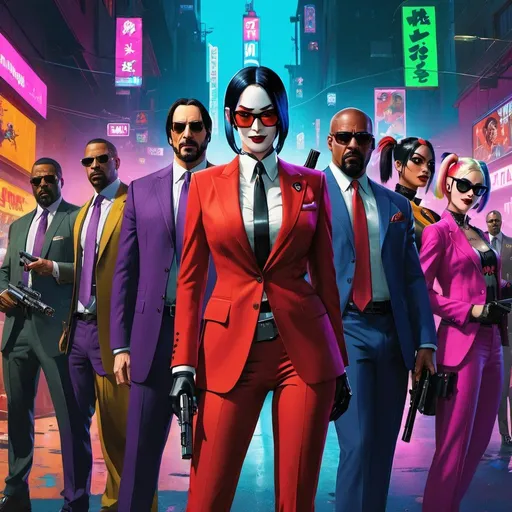 Prompt: Open-prompt-gang, open source squad, John Wick, Harley Quinn, a woman wearing glasses, AI Robot, Fox-Man, a flying eye drone, intimidating, huge tall crew of gangsters in Italian colorful suits by Seung Eun Kim, splash art, hyper-real, photography brush strokes by Alex Maleev, in the style of borderlands, GTA6