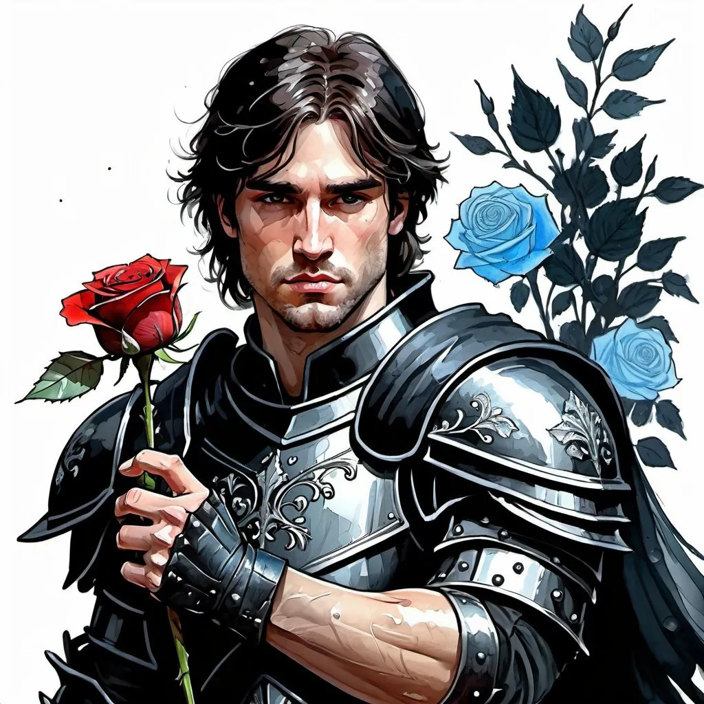 Prompt: john william waterhouse style, line art watercolor wash, digital illustration, coloured, comic style, handsome, muscular knight in black armor, shoulderlong black hair, holding a rose made of ice, ice roses in the background , centered, approaching perfection, dynamic, highly detailed, artstation, concept art, smooth, sharp focus, illustration, art by Carne Griffiths and Wadim Kashin, trending on artstation, sharp focus, studio photo, intricate details, highly detailed, by greg rutkowski