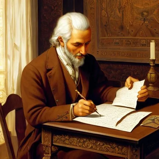 Prompt: a historical ancient canvas painting of a man writing on a piece of paper, a fine art painting by Johfra Bosschart, deviantart, analytical art, creative commons attribution, deviantart hd, masterpiece