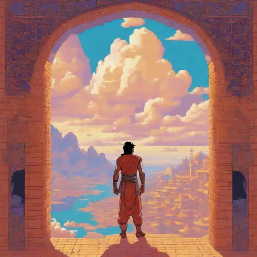 Prompt: ;; Prince of Persia standing in Oriental heavenly glowing bright Gateway harbor fluffy clouds ;; 3-bit RGB dithering retro Additive Dichrome palette pixel game by Angus McBride, Floyd-Steinberg Dithering