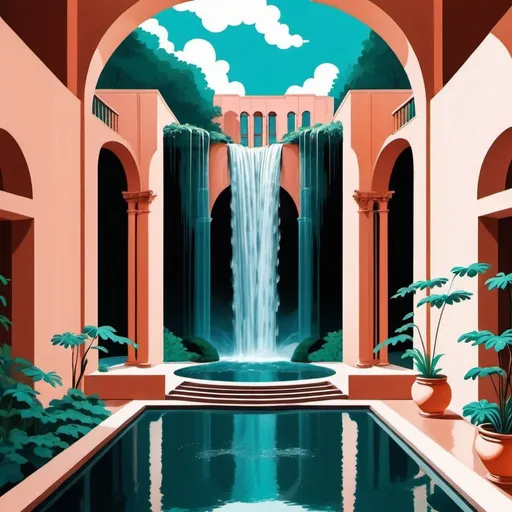 Prompt: a room with a waterfall in the background, a storybook illustration by Ricardo Bofill, trending on pexels, neo-romanticism, enchanting, sanctuary, I can't believe how beautiful this is