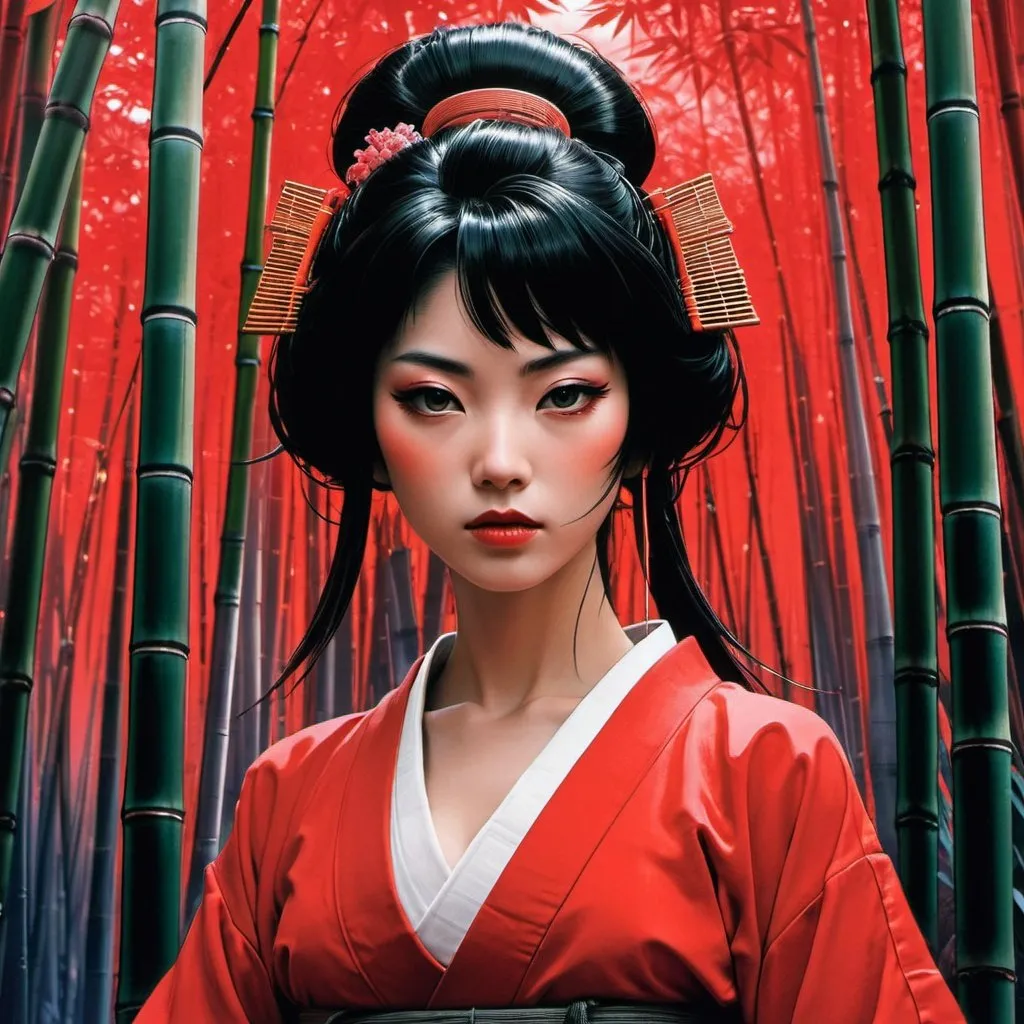 Prompt: infrared album cover of phonk album msuic cover image, red crimson, framelines, wire frame, synthwave phonk, frontal view, Geisha Samurai, beautiful face, mono color red, bamboo forest background, dark shadows, by Masamune Shirow, concept art by Syd Mead, retro futurism, album cover art, fantastical, epic, studio photography mixed with anime