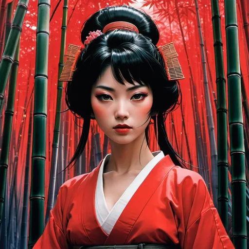 Prompt: infrared album cover of phonk album msuic cover image, red crimson, framelines, wire frame, synthwave phonk, frontal view, Geisha Samurai, beautiful face, mono color red, bamboo forest background, dark shadows, by Masamune Shirow, concept art by Syd Mead, retro futurism, album cover art, fantastical, epic, studio photography mixed with anime
