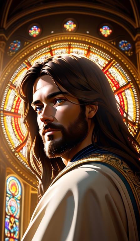 Prompt: 1 Man Jesus Christ, hyperdetailed face, hyperdetailed chlotes,  hyperdetailed heaven background, hopeful, natural dark light, studio lighting, volumetric lighting maximalist photo illustration 4k, resolution high res intricately detailed complex, illustration, sharp focus, digital painting, digital art, clean art, elegant, professional, CGI winning award, highly realistic, UHD, HDR, 8K, RPG, UHD render, HDR render, 3D render cinema 4D,