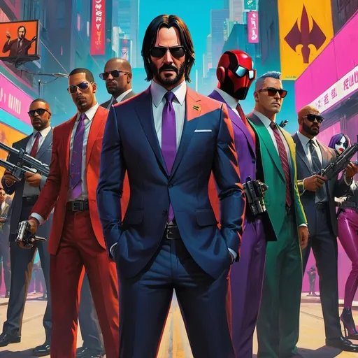 Prompt: Open-prompt-gang, open source squad, John Wick, Harley Quinn, a woman wearing glasses, AI Robot, Fox-Man, a flying eye drone, intimidating, huge tall crew of gangsters in Italian colorful suits by Seung Eun Kim, splash art, hyper-real, photography brush strokes by Alex Maleev, in the style of borderlands, GTA6