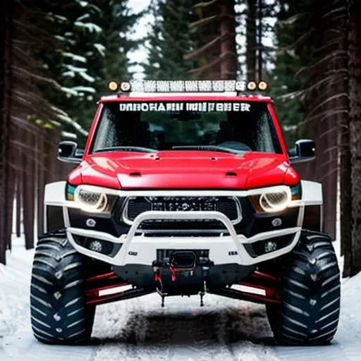Prompt: influencer man in center wearing hoodie and samurai mask sitting in front of off road monster truck, detailed and cool shiny chrome paint, inside an snowy forest, gloomy, moody, Professional photography, bokeh, natural lighting, punk