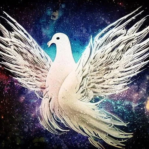 Prompt: isolated splash ink art of a hyperdetailed real white glowing peace dove, with spread out wings rising into the deep mysterious night sky, universe expansive hologram intricate details, HDR, beautifully shot, hyperrealistic, sharp focus, 64 megapixels, perfect composition, high contrast, cinematic, atmospheric, moody abstract art complementary colors fine details