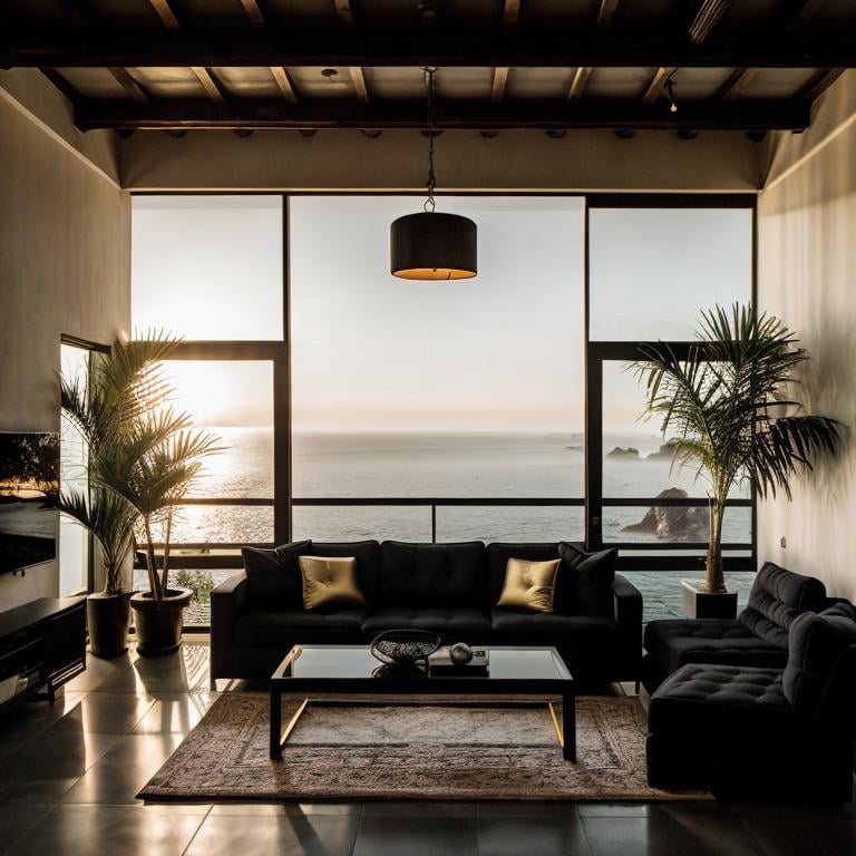 Prompt: lofi golden hour moody foggy evening in a modern luxury loft living room with clean quilted goth black monochrome colored conversation pit couch, view to the Andalusian Mediterranean sea shore, ceiling panorama, hanging garden, palm trees, interior design magazine cover image, masterpiece in 4k, highly detailed, lofi aesthetic art , award winning photography, living colors, intense composition 