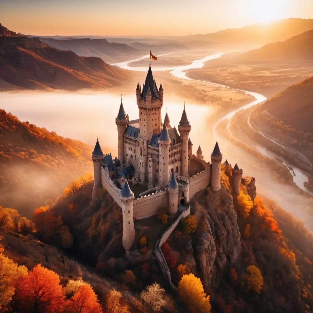 Prompt: Gothic castle in distant foggy valley, tall tower, fall vegetation, dry tones, dramatic lighting, sunshine, realistic, 4k, Utah, Nikon z 50mm ,drone view, detailed architecture, atmospheric fog, river winding through valley, gothic style, majestic view, epic landscape, breathtaking scenery, medieval vibes, golden-hour lighting