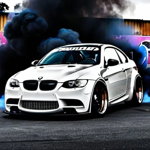 Prompt: WEBPAGE BACKGROUND Frontal Portrait of drift phonk graffiti BMW M3 E93 car :: HEAVY SMOKE:: Black ink flow: 8k resolution photorealistic