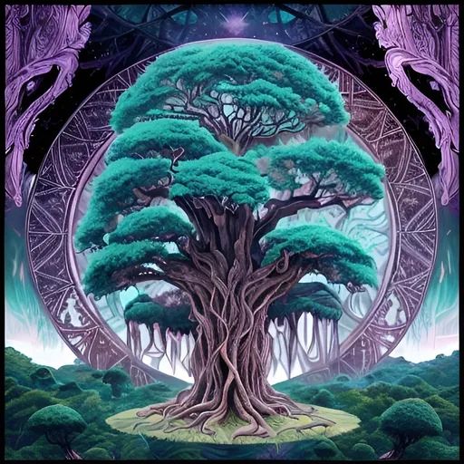 Prompt: Dream Vision of Ancient giantic fantasy tree rising above the jungle, dark teal colors, giant Tāne Mahuta, hologram, ink flow art, mixed media art, oil gouach melting canvas, 4k lofi aestetic masterpiece by Juan Pablo Machado, seerlight, intricate, HDR, beautifully shot, hyperrealistic