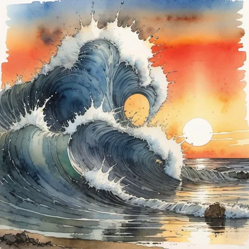 Prompt: Water and light. Sunset. Crashing waves. Albrecht Durer. Jean-Baptiste Monge. Watercolor, Wet on Wet with drips, sharp focus, intricate, focused, Metalic Ink, Minimalist, splash art, very colourful