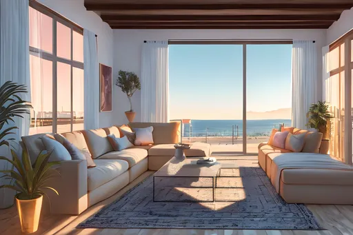 Prompt: golden hour moody evening in a modern loft living room with cozy quilted pastel colored long sofa, view to the Andalusian Mediterranean sea shore, interior design magazine cover image, masterpiece in 4k, highly detailed, lofi aesthetic art , award winning photography, living colors, intense composition 