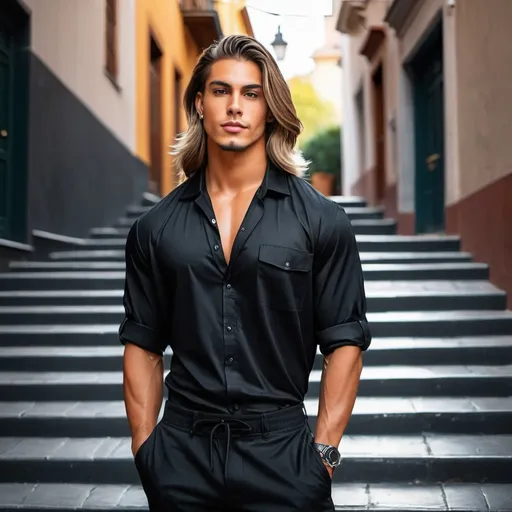 Prompt: portrait of a young huge large tall pretty eboy, fitness influencer with visible traps and round wide shoulders, man with long hair covering face,, middle parting of hair haircut, tiktok eboy, trendsetter,  Mister Universe, tanned,  handsome, dark features, shaved, head tattoo wearing oversize black  button up shirt, black cargo pants, black boots, buff, strong neck, early morning light in street, art by Jos Coufreur, confident_standing infront of steps, retrofuturism, earrings, art_noir, dark_shadows, professional photography, sharp focus, splash art, hyper-real, photography