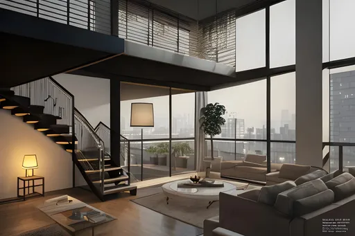 Prompt: lofi golden hour moody foggy evening in a modern luxury loft, clean living room with a stair case and balcony , a 3D render by Abraham Begeyn, cg society contest winner, modernism, vray, 3d, photorealistic | Blinds |, large ceiling panorama, hanging garden, Sumerian wall paintings,  palm trees, interior design magazine cover image, masterpiece in 4k, highly detailed, lofi aesthetic art , award winning photography, living colors, intense composition #