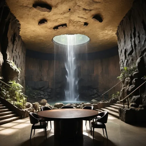 Prompt: far away photo of 350 meter tall indoor artificial waterfall rock wall round large ceiling, dark underground working platform with table with chairs, book shelves, jungle, overgrown rock walls, sharp focus, dark, mysterious, professional photography, mysterious, deep shadows ; retro, vintage ; golden hour, centered, symmetrical, sharp focus, cinematic, Wide Angle-coded insane details"