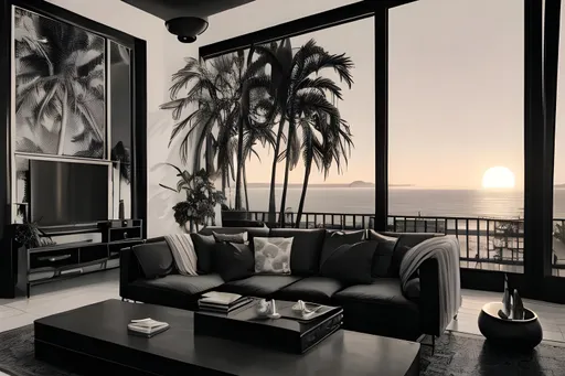 Prompt: lofi golden hour moody foggy evening in a modern luxury loft living room with clean quilted goth black monochrome colored conversation pit couch, view to the Andalusian Mediterranean sea shore, ceiling panorama, hanging garden, palm trees, interior design magazine cover image, masterpiece in 4k, highly detailed, lofi aesthetic art , award winning photography, living colors, intense composition 