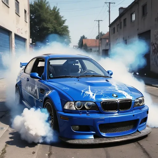 Prompt: Frontal Portrait of Need for Speed Most Wanted_ROYAL_BLUE_WHITE_BMW M3 E46 drift phonk_graffiti car :: HEAVY SMOKE:: : 8k resolution photorealistic masterpiece: by 1up art crew, Berlin street art: intricately detailed gouache painting: : acrylic: watercolor art, natural lighting, photoillustration:: concept art intricately detailed, expansive by Android Jones: By Ismail Inceoglu: swoon : Remo Lienhard:: professional photography, volumetric lighting maximalist