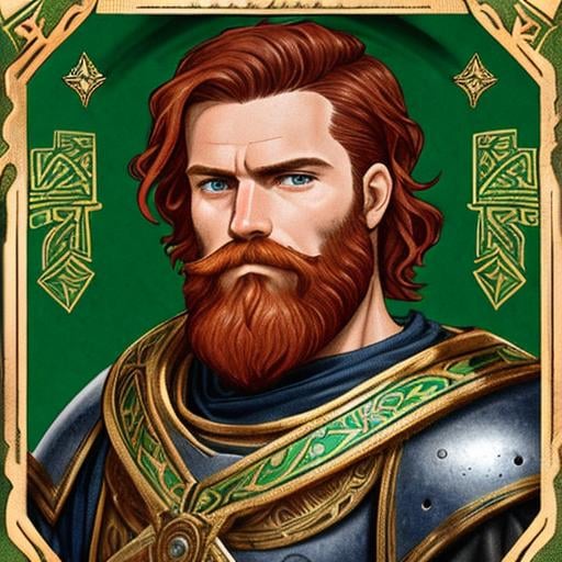 Prompt: portrait of a weathered athletic male knight with green eyes, short wavy red hair, short shorn red beard, statuesque, intricate, detailed. Somber, scowling, Style of tarot cards. Greek orthodox illumination. Style of inking. Sparkles