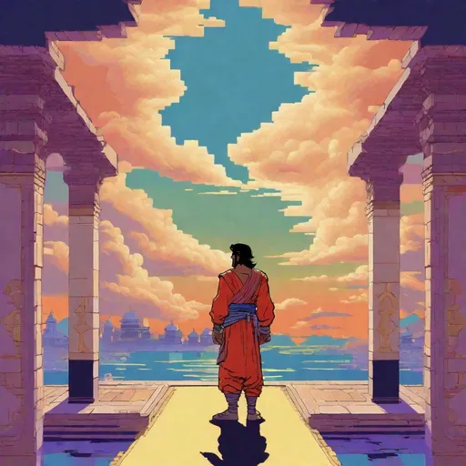 Prompt: ;; Prince of Persia standing in Oriental heavenly glowing bright Gateway harbor fluffy clouds ;; 3-bit RGB dithering retro Additive Dichrome palette pixel game by Angus McBride, Floyd-Steinberg Dithering