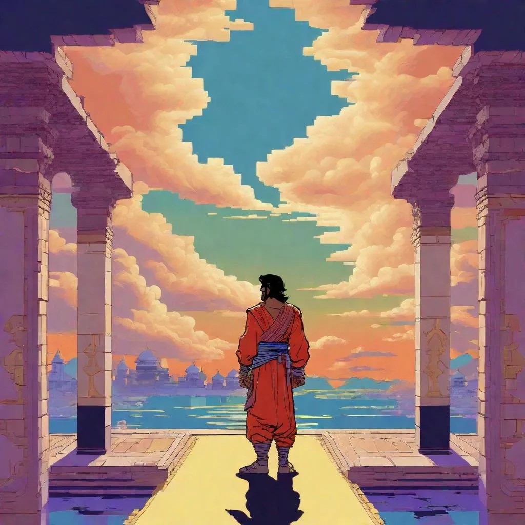 Prompt: ;; Prince of Persia standing in Oriental heavenly glowing bright Gateway harbor fluffy clouds ;; 3-bit RGB dithering retro Additive Dichrome palette pixel game by Angus McBride, Floyd-Steinberg Dithering